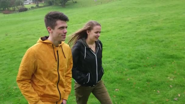 A rainy a day in Ireland - two people walk over a green pasture — Stock Video