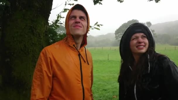 Une journée pluvieuse en Irlande - un jeune couple attend le beau temps sous un arbre — Video