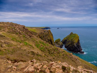 Kayalık ve güzel sahil, Kynance Koyu'nda Cornwall