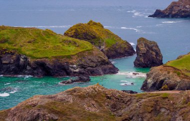 Kayalık ve güzel sahil, Kynance Koyu'nda Cornwall