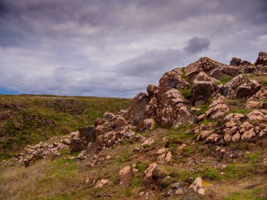 Kayalık ve güzel sahil, Kynance Koyu'nda Cornwall