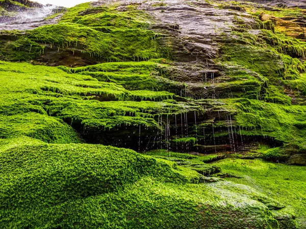 Mossy rotsen en waterval aan de Cove van Tintagel in Cornwall — Stockfoto