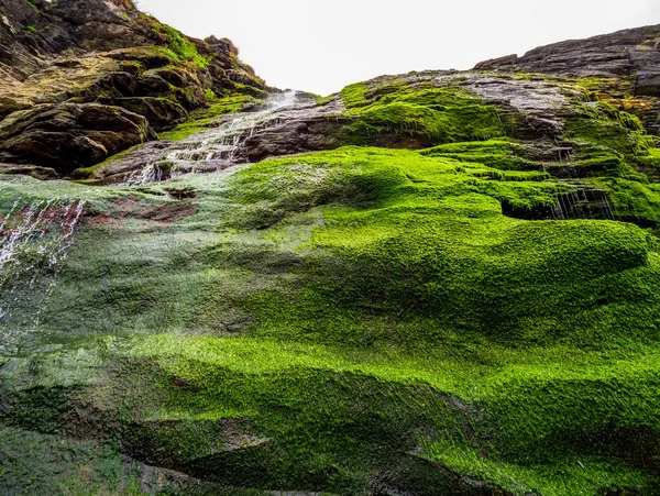Hermosa cascada sobre piedras musgosas en la cala de Tintagel en Cornwall —  Fotos de Stock