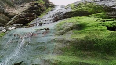 Güzel şelale Cornwall Tintagel Cove yosunlu taşlar üzerinde