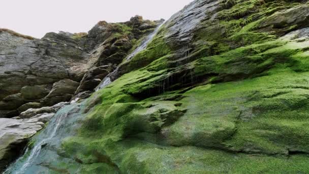 Hermosa cascada sobre piedras musgosas en la cala de Tintagel en Cornwall — Vídeo de stock