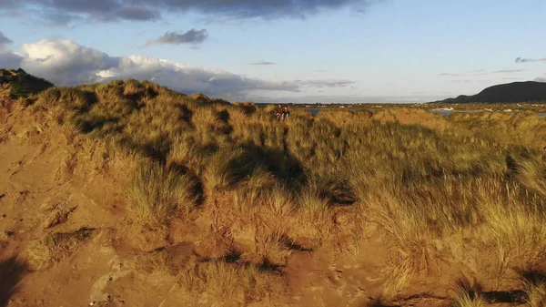 Flight back from a young couple sitting on the grassy hills at the coast — Stock Photo, Image