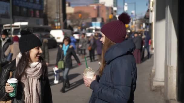 Dos chicas en las calles de Nueva York en un día soleado — Vídeos de Stock