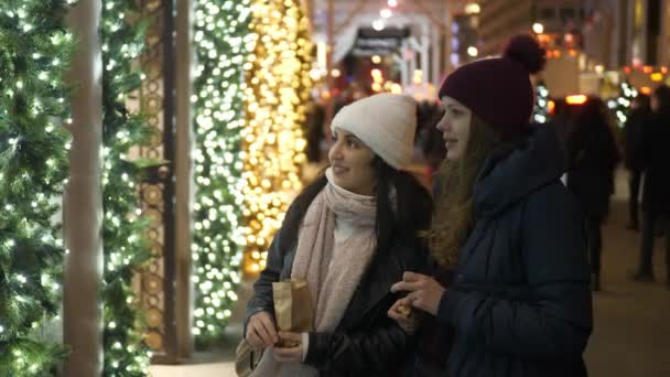 Две девушки в Нью-Йорке смотрят на рождественские украшенные витрины магазинов — стоковое видео