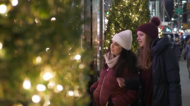 Młodych kobiet w Nowym Jorku, robi zakupy świąteczne na Fifth Avenue — Wideo stockowe