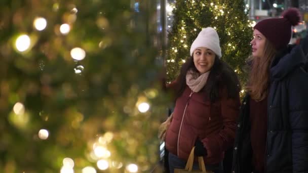 Mujeres jóvenes en Nueva York haciendo compras navideñas en la Quinta Avenida — Vídeos de Stock