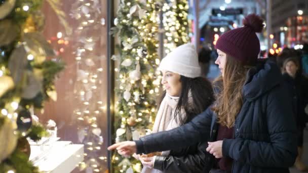 Due ragazze a New York guardano le vetrine decorate di Natale — Video Stock