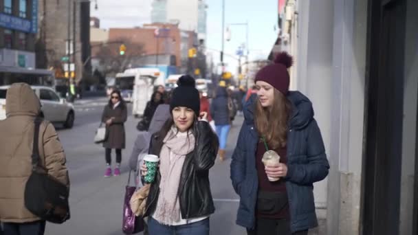 Két Lány Utcán New York Egy Napsütéses Napon Utazás Photography — Stock videók