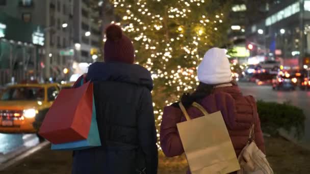 To piger shoppe julegaver i New York – Stock-video