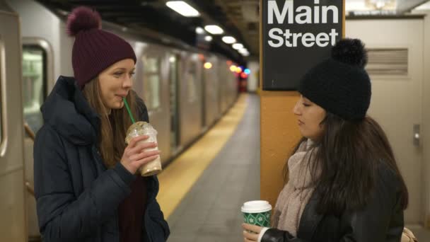 Twee vrouwen op een platform van een station van de metro van New York wachten op hun trein — Stockvideo