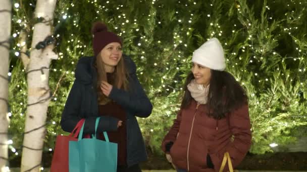 Zwei Mädchen in New York zur Weihnachtszeit genießen Shopping-Geschenke — Stockvideo