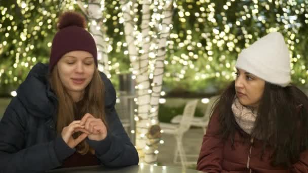 Две девушки в Нью-Йорке на Рождество наслаждаться покупками подарки — стоковое видео