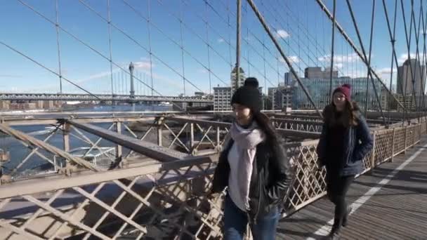 二人の女の子がニューヨークの有名なブルックリン橋を渡って歩く — ストック動画