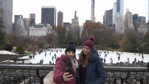Två vänner titta över isrinken vid Central Park på en vinterdag — Stockvideo