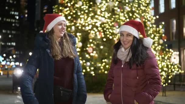 Dos chicas frente a un árbol de Navidad disfrutan de la maravillosa época en Nueva York — Vídeos de Stock