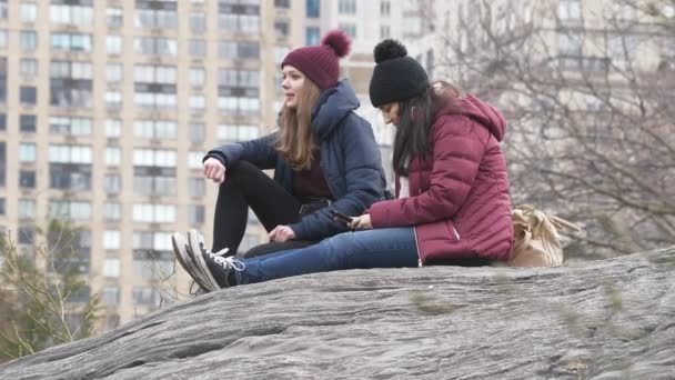 两个女孩坐在纽约中央公园的一块岩石上 旅行摄影 — 图库视频影像