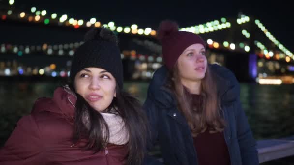 Чудесное место в Нью-Йорке освещенный Бруклинский мост ночью — стоковое видео