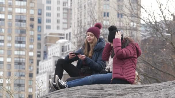 Dos chicas se sientan en una roca en Central Park Nueva York — Vídeo de stock