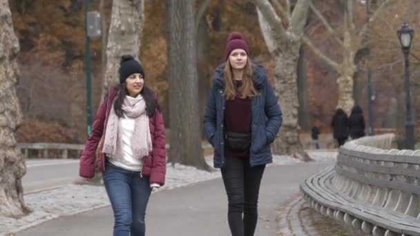 Deux jeunes femmes en voyage à New York font une promenade relaxante à Central Park — Video