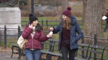 İki genç kadın bir gezi New York Central Park'ta rahatlatıcı bir yürüyüşe