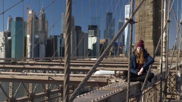 ブルックリン橋からニューヨークのスカイラインの素晴らしい景色 — ストック動画