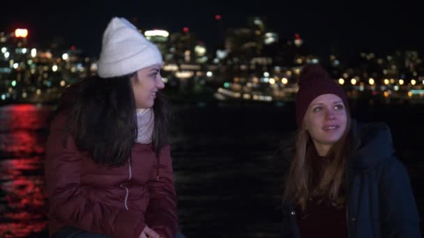 Dos chicas en Nueva York disfrutan del lugar más hermoso de la ciudad en Brooklyn Bridge — Vídeo de stock