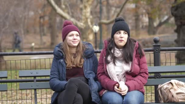 Δύο κορίτσια κάθονται σε ένα παγκάκι στο κεντρικό πάρκο, απολαμβάνοντας χρόνο τους στη Νέα Υόρκη — Αρχείο Βίντεο
