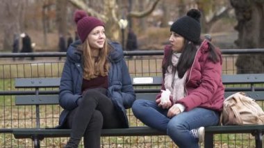 New York'ta kendi vaktinizi iki kız Central Park bir bankta oturmak