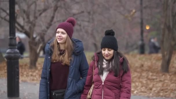 Two girls enjoy the nature and silence at Central Park New York — Stock Video