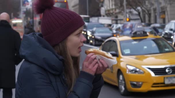 纽约典型的街头食品著名的热狗 — 图库视频影像