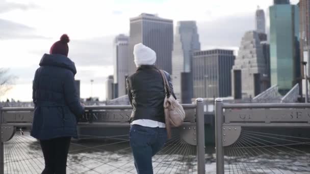 Két lány New Yorkban, ahonnan kilátás nyílik a városra — Stock videók