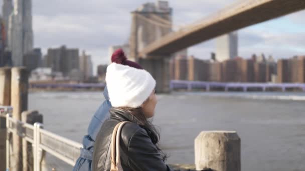Двоє друзів у Нью-Йорку погуляти в Бруклінський міст — стокове відео