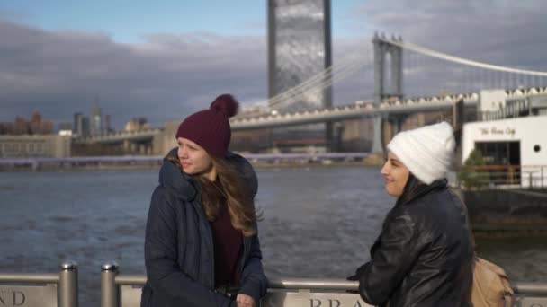 Két jó barát a New York-i tegyen egy sétát a Brooklyn-híd — Stock videók