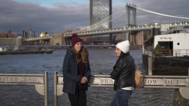 Két jó barát a New York-i tegyen egy sétát a Brooklyn-híd — Stock videók