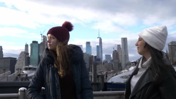 Dos amigos viajan a Nueva York para hacer turismo en Brooklyn Bridge — Vídeos de Stock