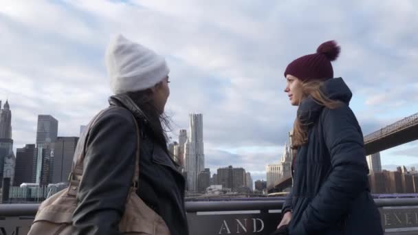 ニューヨークで二人の若い女性は、ブルックリン橋で典型的なスカイラインに沿って歩く — ストック動画