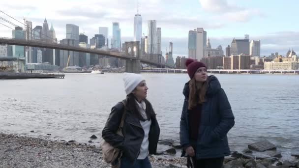 Två unga kvinnor i New York njuta av hisnande Manhattan Skyline — Stockvideo