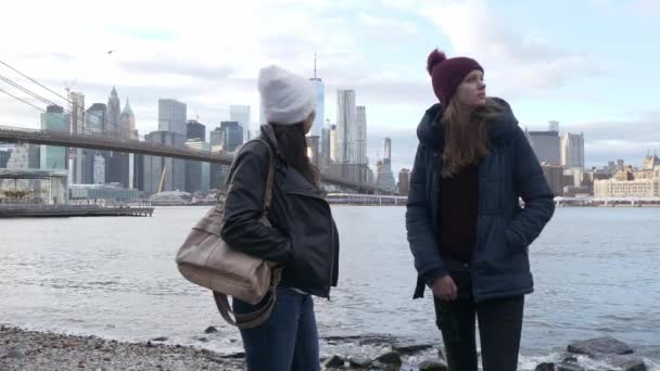 Zwei Freunde Reisen Nach New York Zum Sightseeing Reisefotos — Stockvideo