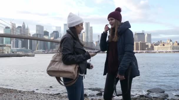 Duas jovens mulheres em Nova York desfrutar do deslumbrante Manhattan Skyline — Vídeo de Stock