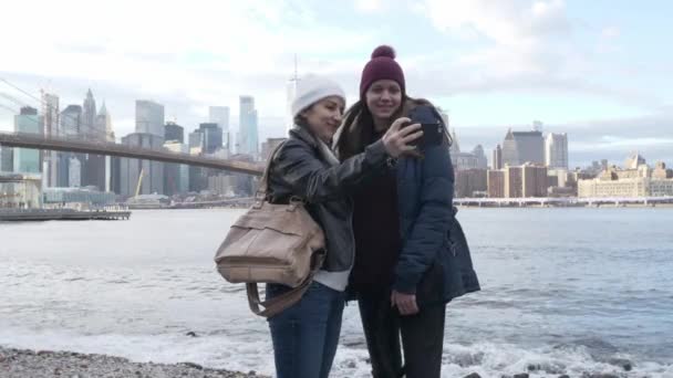 Due Giovani Donne New York Godono Spettacolare Manhattan Skyline Fotografia — Video Stock