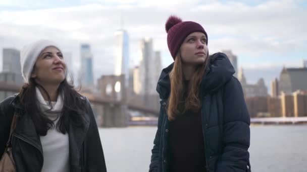 Dos amigos en Nueva York disfrutan de la increíble vista sobre el horizonte de Manhattan — Vídeos de Stock