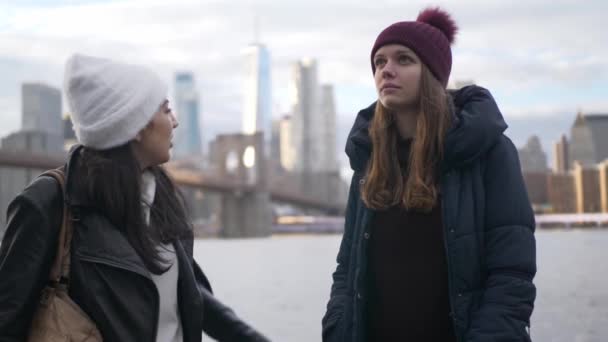 Dois amigos em Nova York apreciam a vista incrível sobre o horizonte de Manhattan — Vídeo de Stock