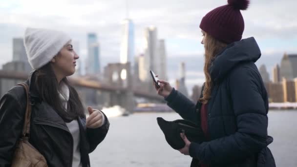 Two friends in New York enjoy the amazing view over the skyline of Manhattan — Stock Video
