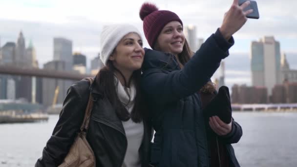 Dois amigos em Nova York apreciam a vista incrível sobre o horizonte de Manhattan — Vídeo de Stock