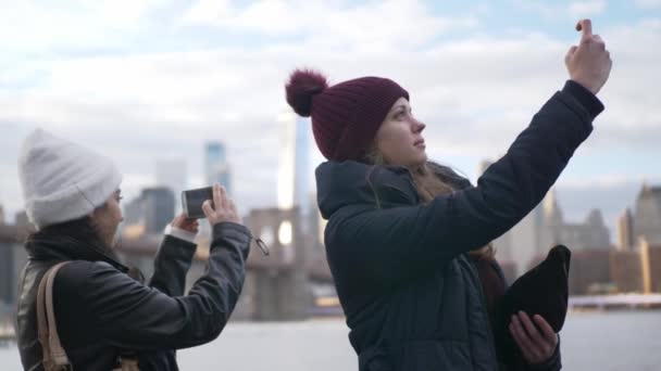 Két jó barát a New York-i csodálatos kilátás nyílik a Manhattan látképe — Stock videók