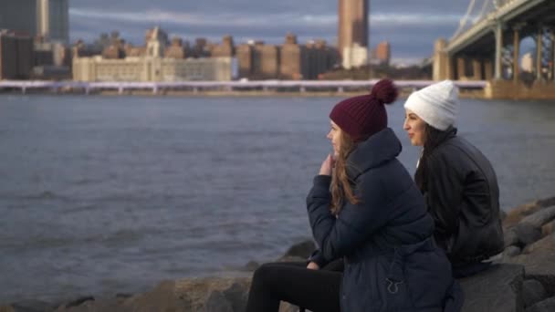 Två vänner i New York njuta av den fantastiska utsikten över Manhattan skyline — Stockvideo